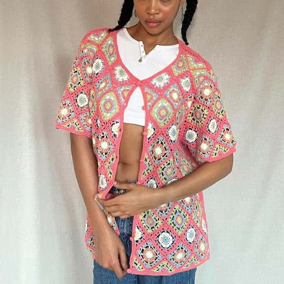 BFA Classics Sweaters - Vintage pink crochet short sleeve cardigan, BFA classics, Sz. 1X